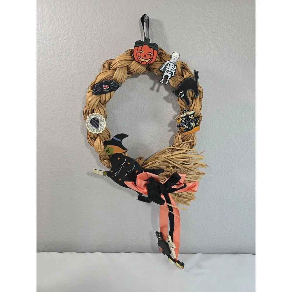 Vintage Rattan Halloween Wreath Witch By Lillian Vernon hand painted wooden